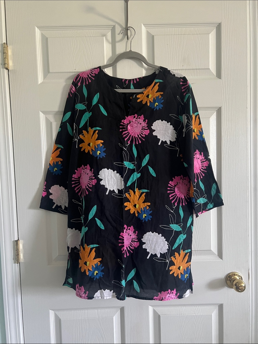 Kikisol Black Floral Women’s Swim Coverup Tunic – 100% Cotton